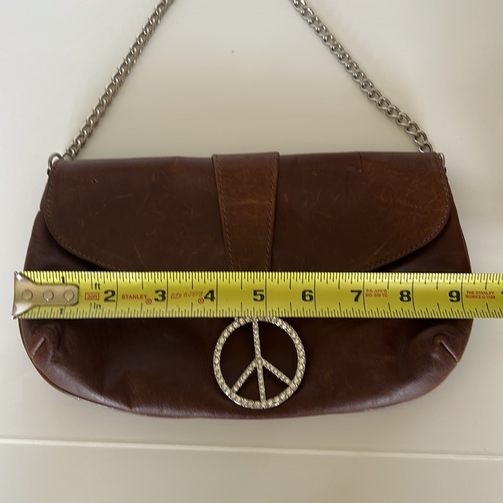 ❤️ Vintage Sherry Wolf Crystal Peace Sign Leather Convertible Clutch Bag w/Chain - Picture 12 of 15